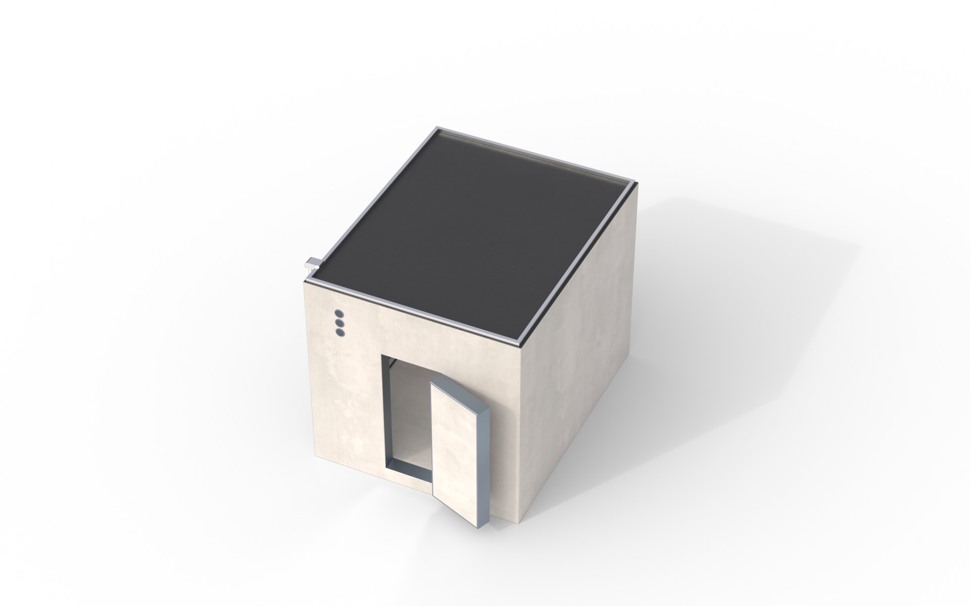 Visualisierung SafeGarden Compact: Schutzraum mit Flachdach und geöffneter Schutztür