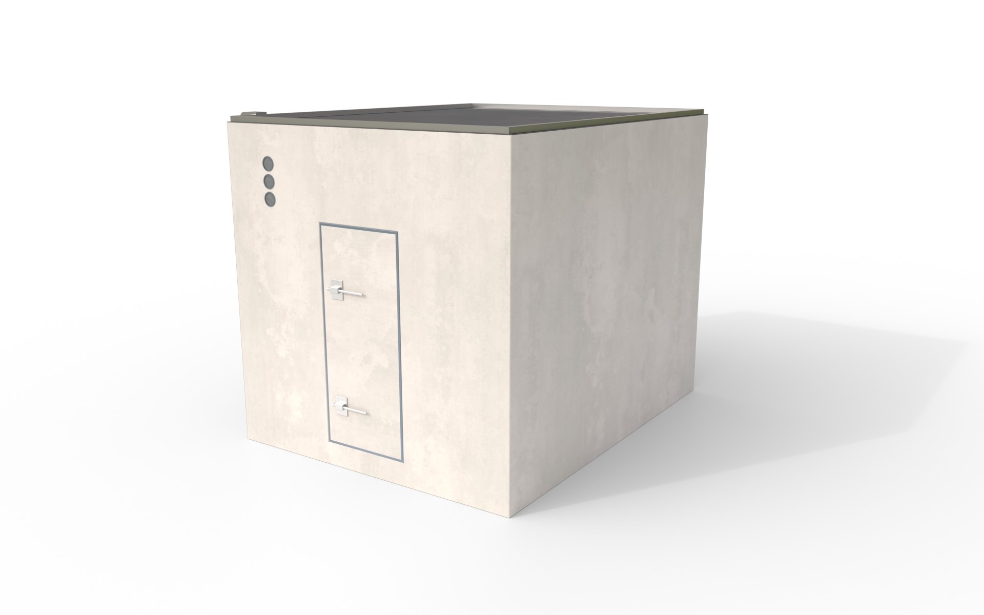 SafeGarden as a light concrete cube with flat roof, bolted blast door and three round vents