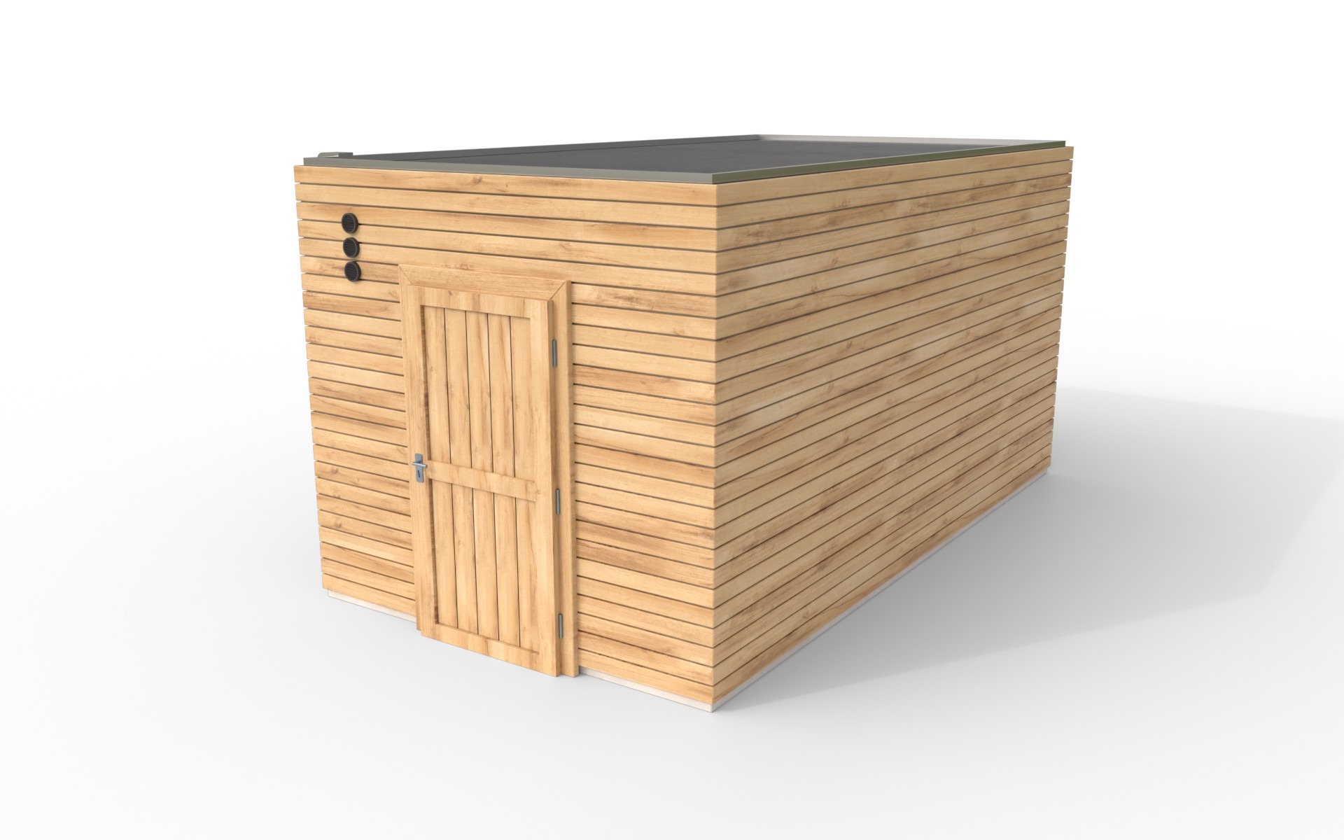 SafeGarden-Modul mit horizontaler Holzfassade und Holztür