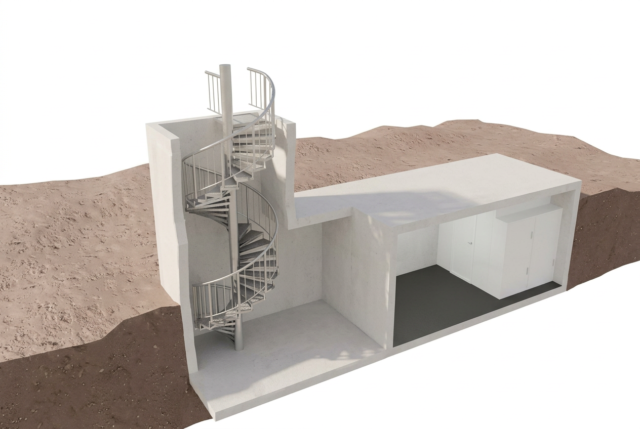Cutaway of an underground SafeUnit shelter with access shaft and spiral staircase